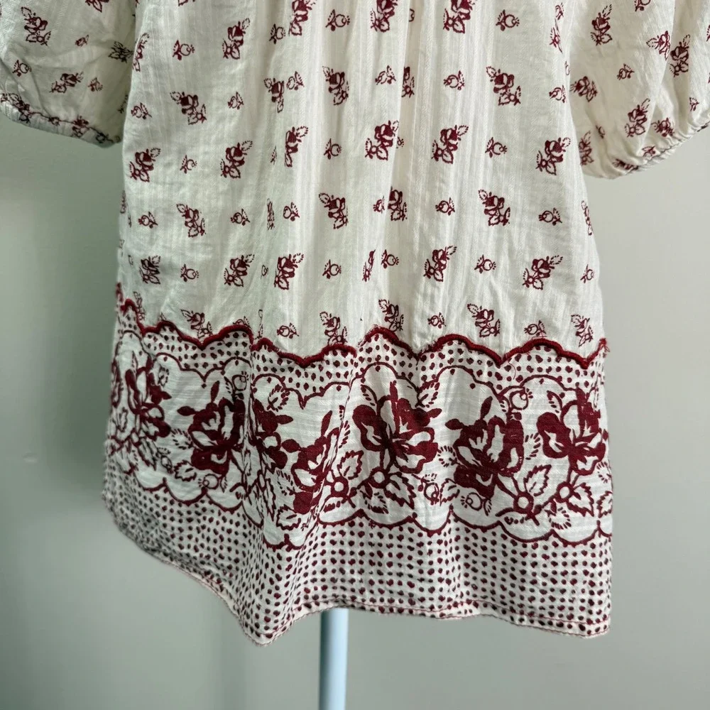 Anthropologie Floral Block Print Boho Blouse Red Cream Lace Trim Puff Sleeve M